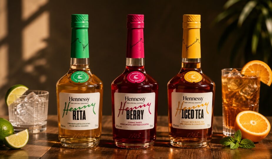 Hennessy Very Special Cocktails collection featuring Henny-Rita, Henny Berry, and Henny Iced Tea in 375 ml glass bottles, showcasing the Maison’s first Ready-to-Serve cognac cocktail range.